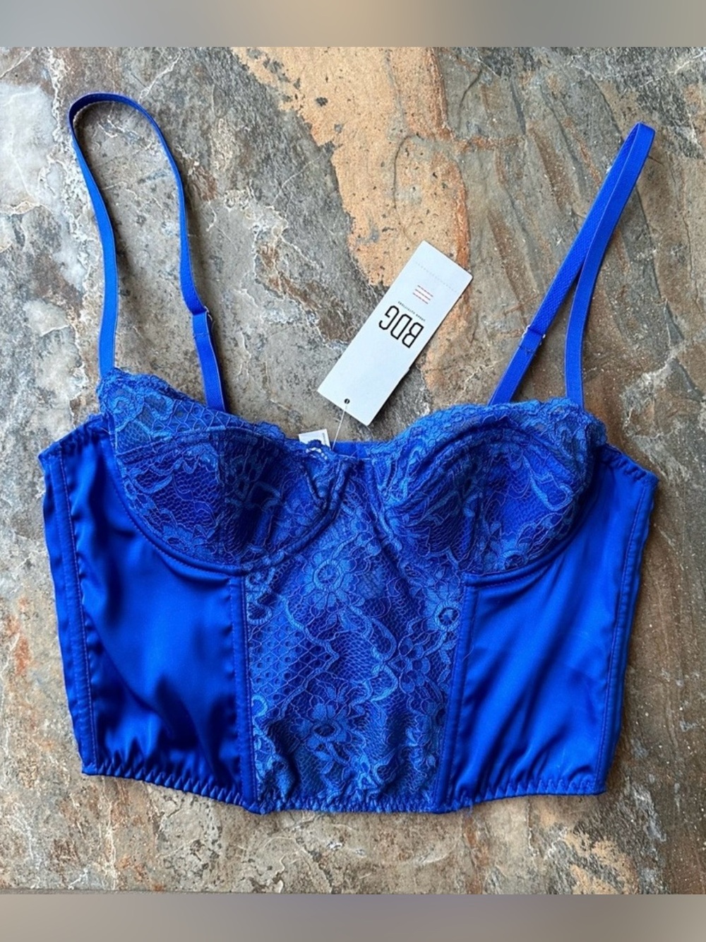 BDG Urban Outfitters Lace and Satin Corset Crop Top NWT Size Medium Royal Blue